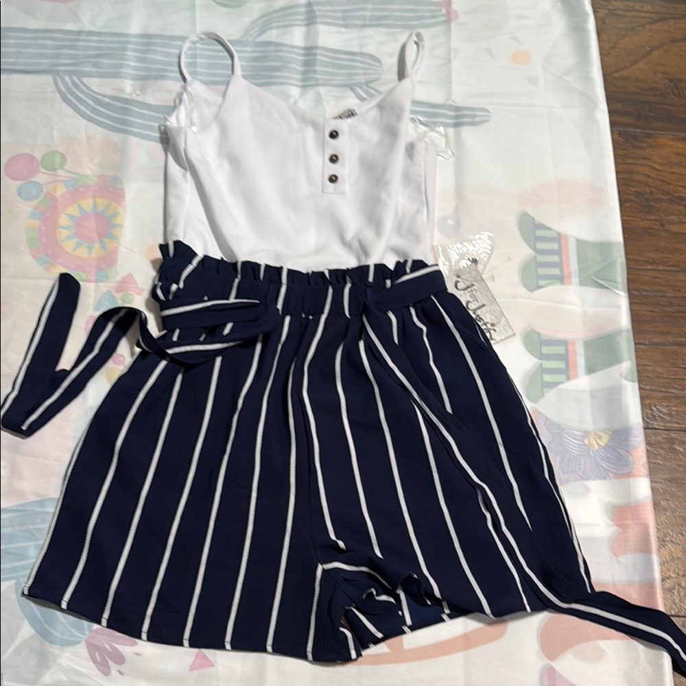 J for Justify White Top with Navy Striped Shorts